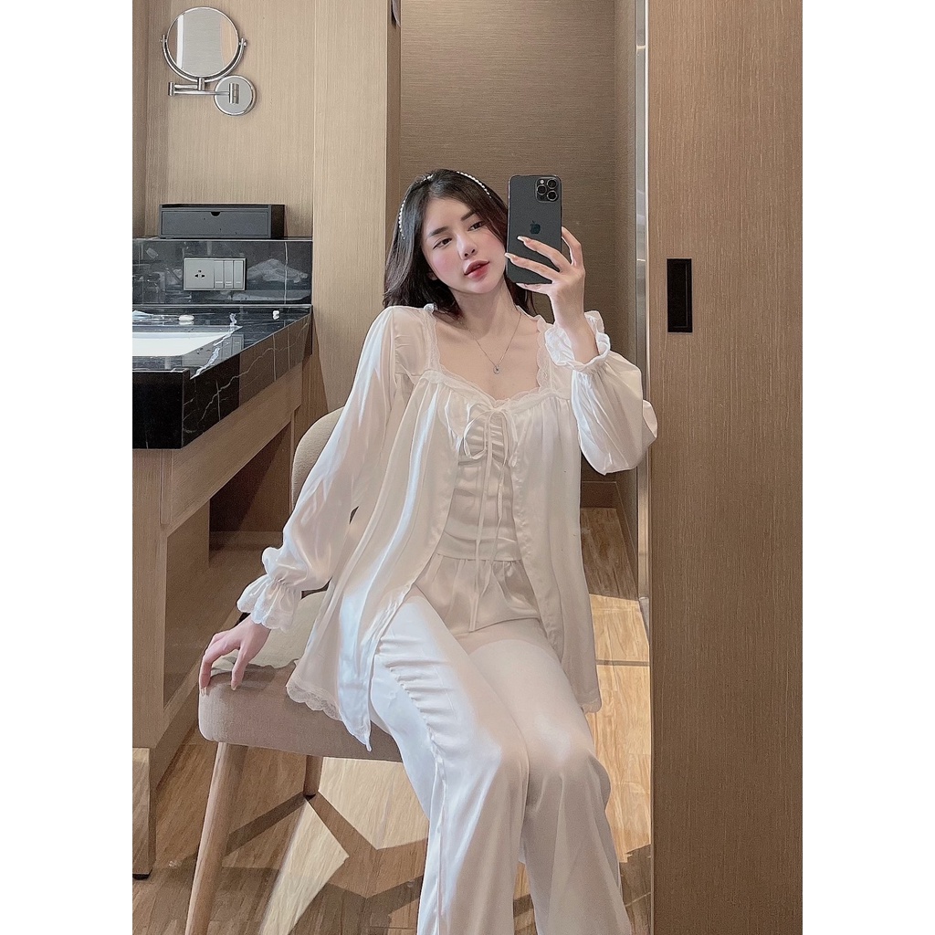 Set 3 mặc nhà 2 dây Sexy tay bo tiểu thư lụa latin Siêu Mát
