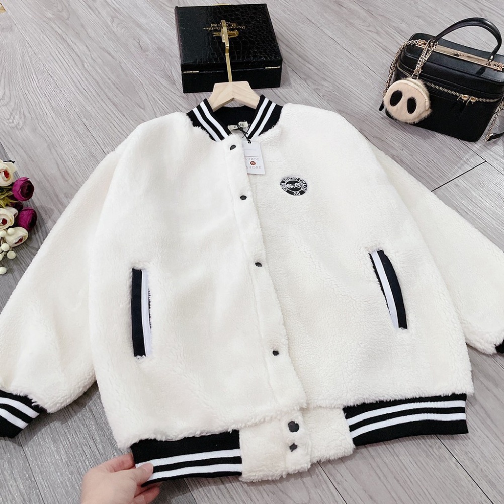 Áo Bomber Lông Cừu Thêu Chữ G G ❤ Áo Khoác Nữ Lông Dày Dặn Không Xù DH