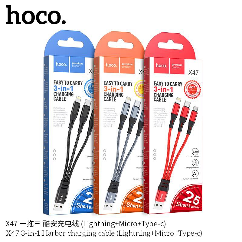 (CHÍNH HÃNG) Cáp HOCO X47 3 in 1 25cm dùng cho sạc dự phòng, điện thoại tiện lợi, bảo hành 6 tháng, dây dù siêu bền