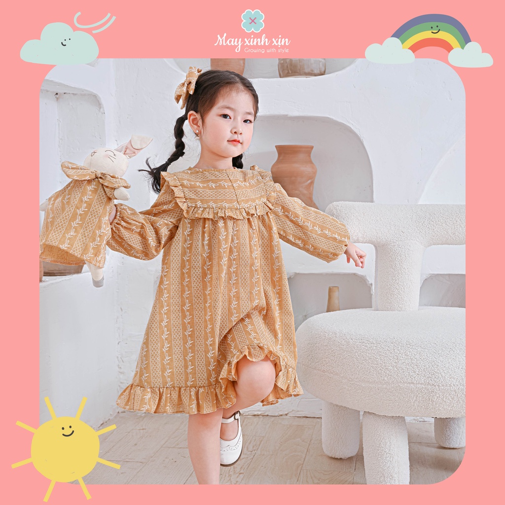 Váy thu bé gái MAY XINH XỊN chất thô đũi hoa dây vàng