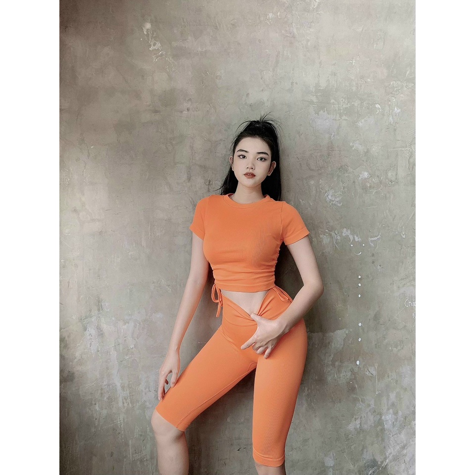 Set bộ đồ tập gym yoga nữ dệt kim áo crop ngắn tay dây rút, quần đùi ngố chun mông cao cấp Bin Sports BL029