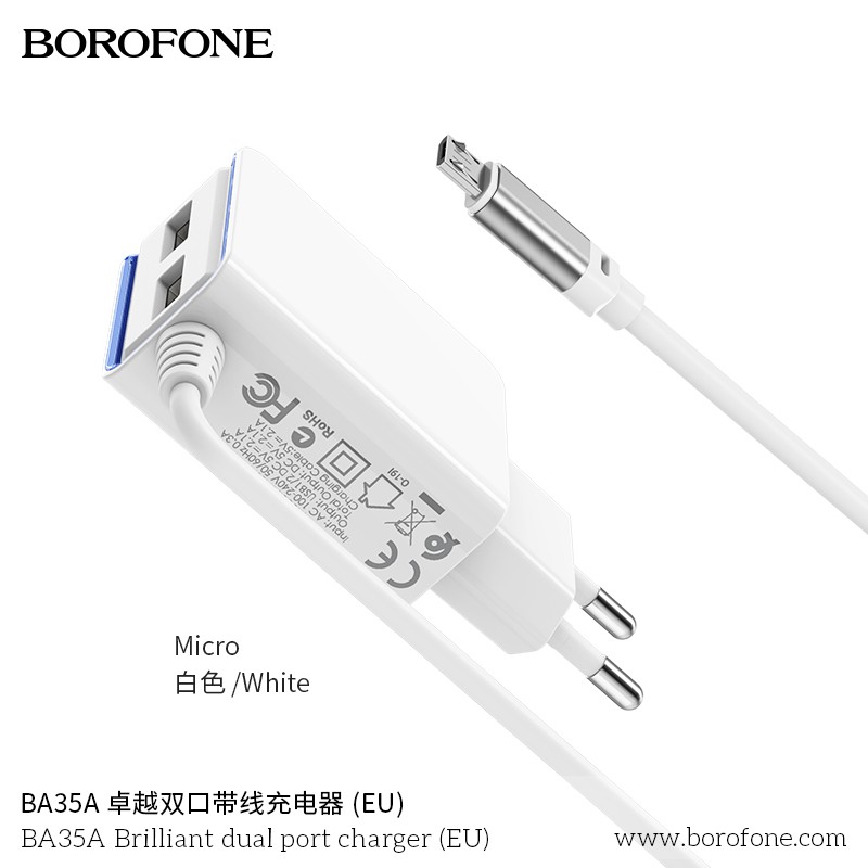 Bộ sạc nhanh BOROFONE BA35A liền chui Micro 1M 2.1A + thêm 2 cổng USB