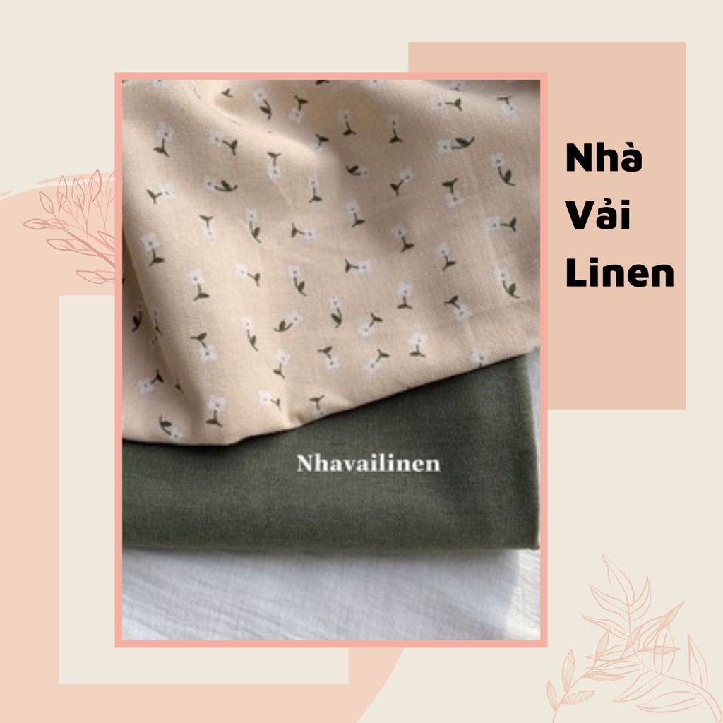 Vải Hoạ Tiết Linen Hoa Trắng Lá Xanh - Xanh Rêu Đậm Bột Nhà Vải Linen