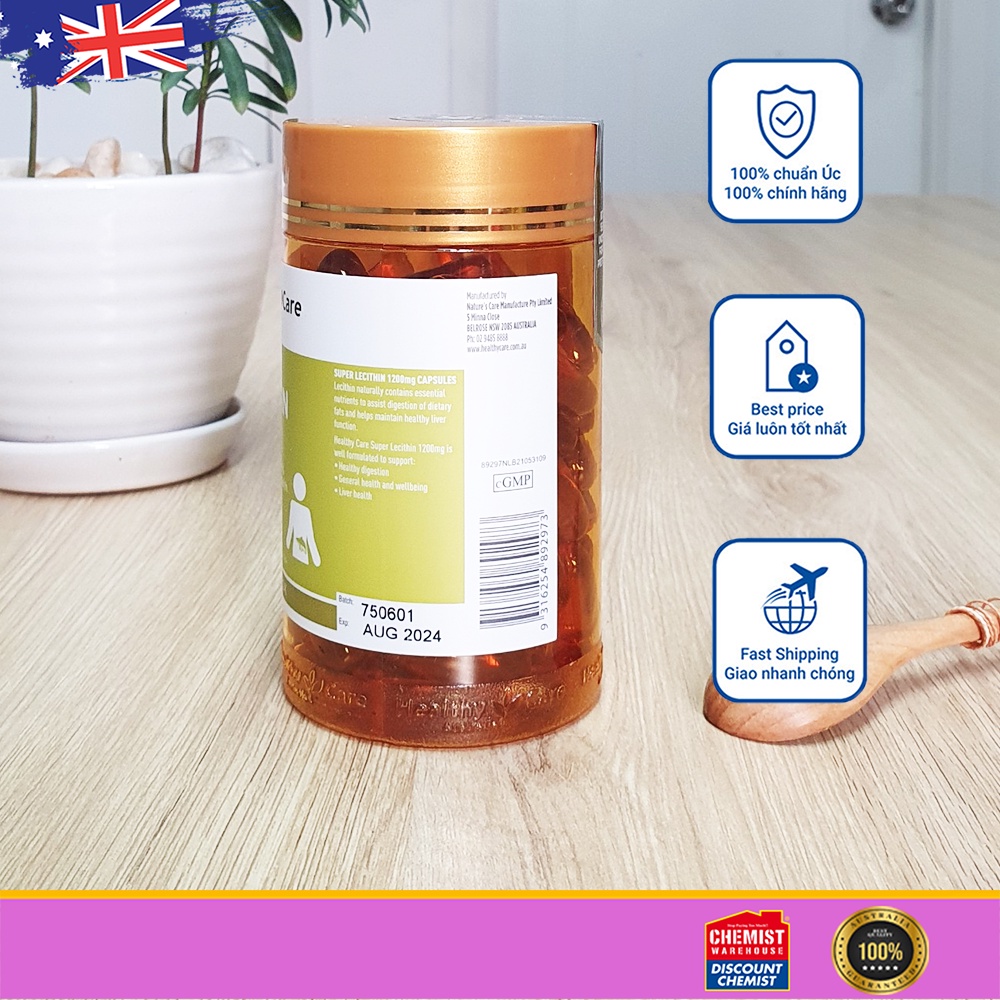 Mầm đậu nành Úc Healthy Care Super Lecithin 1200mg 100 viên