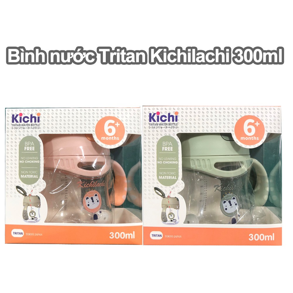 Bình tập uống nước nhựa Tritan Kichilachi 300ml chống sặc, Bình uống nước cho bé từ 6 tháng