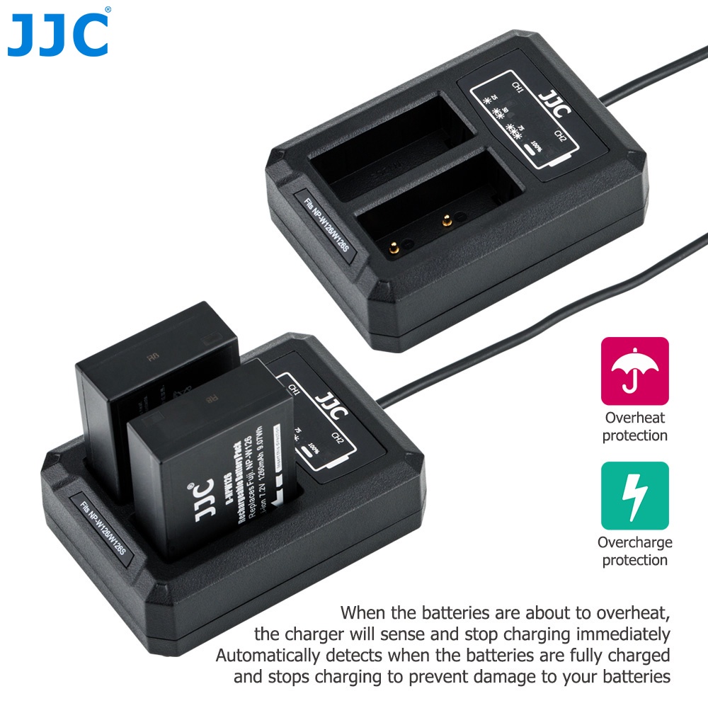 Bộ sạc pin máy ảnh JJC NP-W126 &amp; W126S USB ngăn kép dành cho FUJIFILM X-S10 X100V X100F X-T200 X-T100 X-T30 X-T20 X-T10