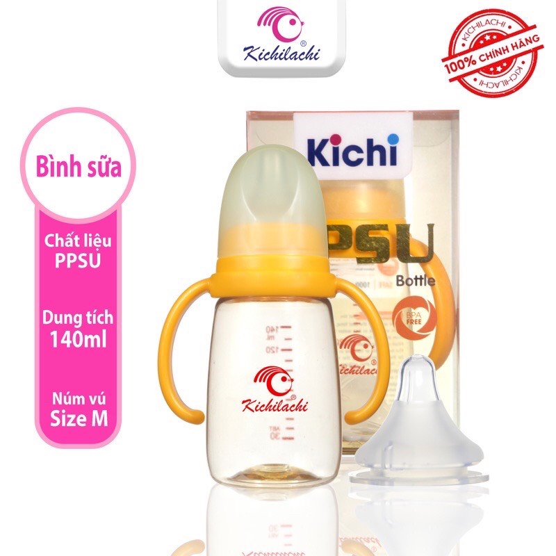 Bình sữa PPSU cổ hẹp cao cấp Kichi 80ml - 140ml - 200ML có tay cầm