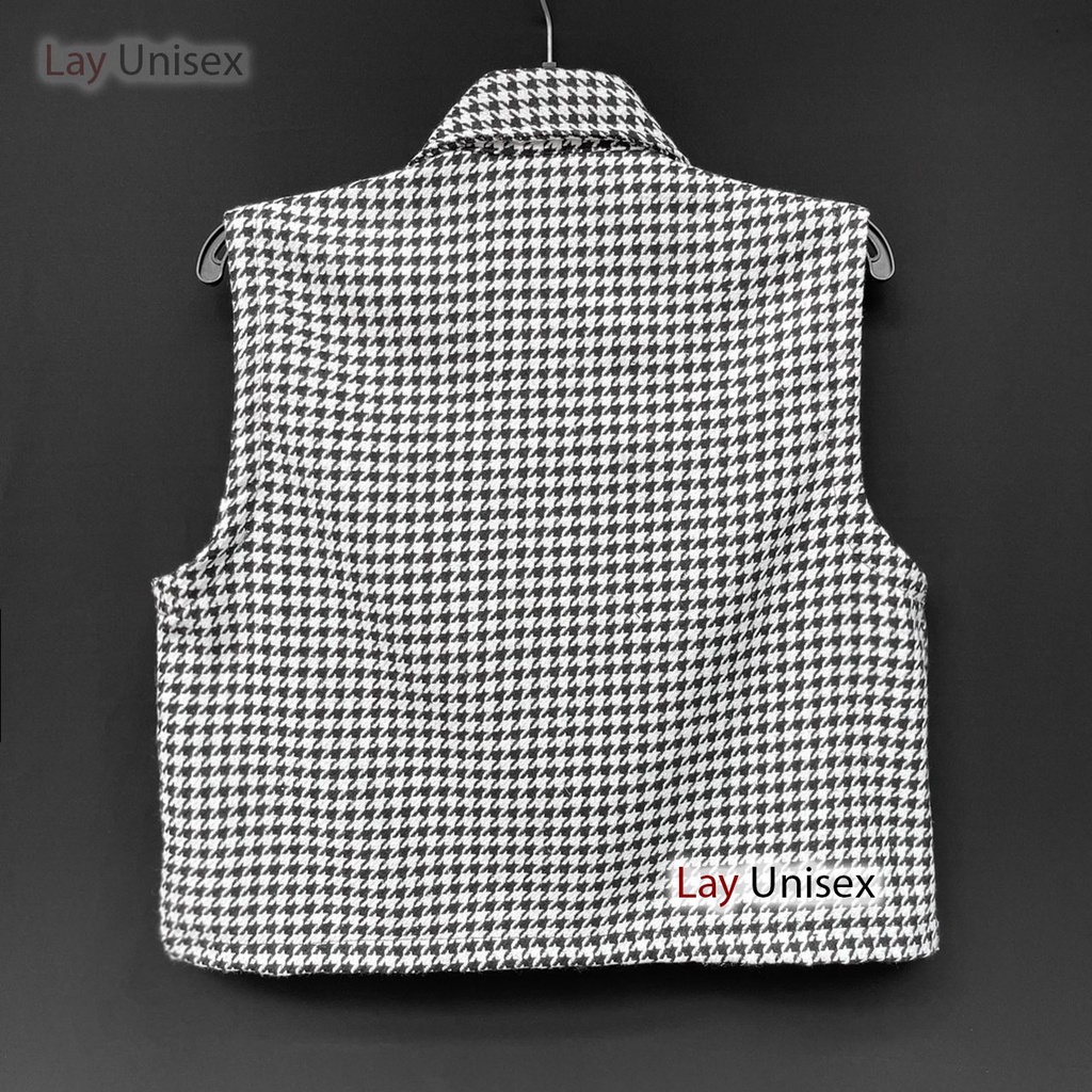 Áo Gile dạ tweed khoác ngoài họa tiết houndstooth form lửng