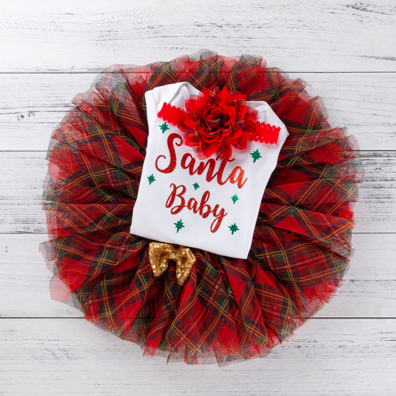 Set Đồ Hóa Trang Ông Già Noel Gồm Áo Liền Quần Tay Dài + Váy Tutu + Băng Cài Đầu Cho Bé Gái 0-2 Tuổi