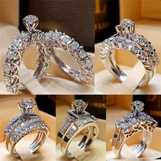 Set 2 nhẫn đính hôn màu bạc đính kim cương giả cho cặp đôi