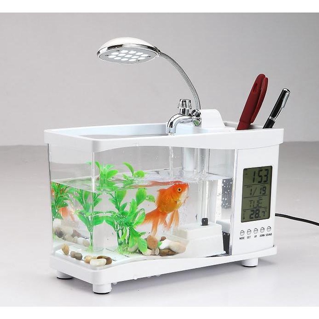 Bể cá mini để bàn kiêm Đồng hồ, Lịch hiển thị đèn led
