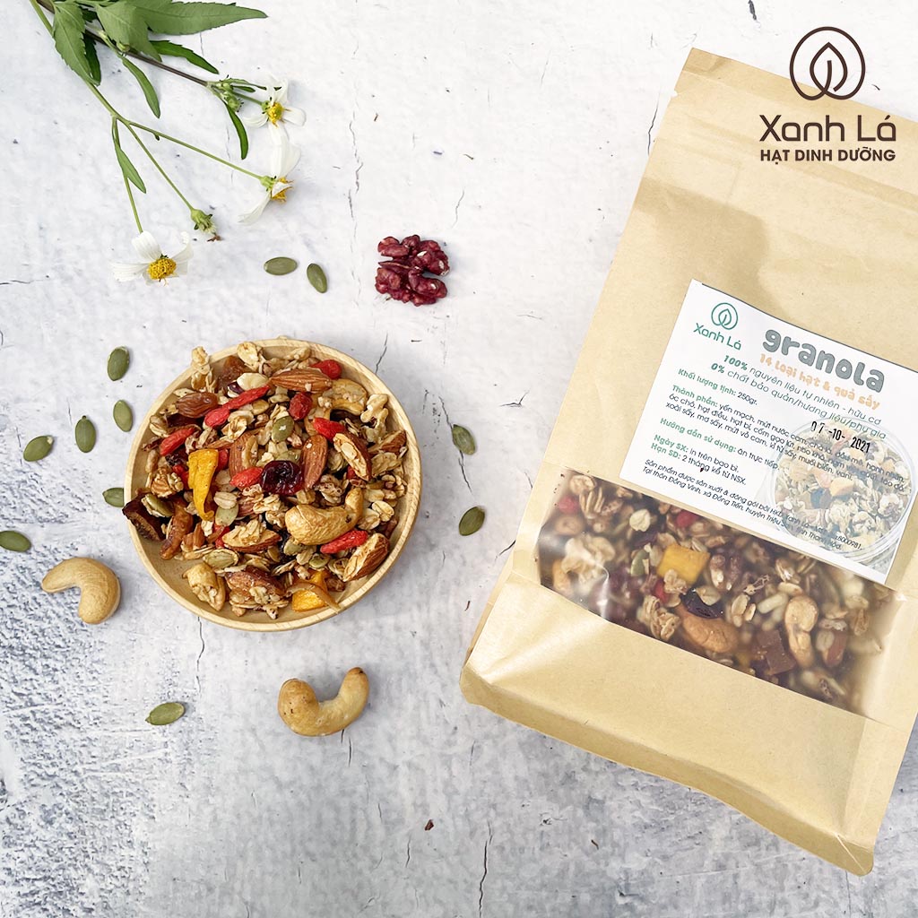 Ngũ cốc giảm cân, lợi sữa, Granola ăn kiêng siêu hạt & quả Xanh Lá thêm óc chó đỏ, hạnh nhân, kỉ tử, táo đỏ