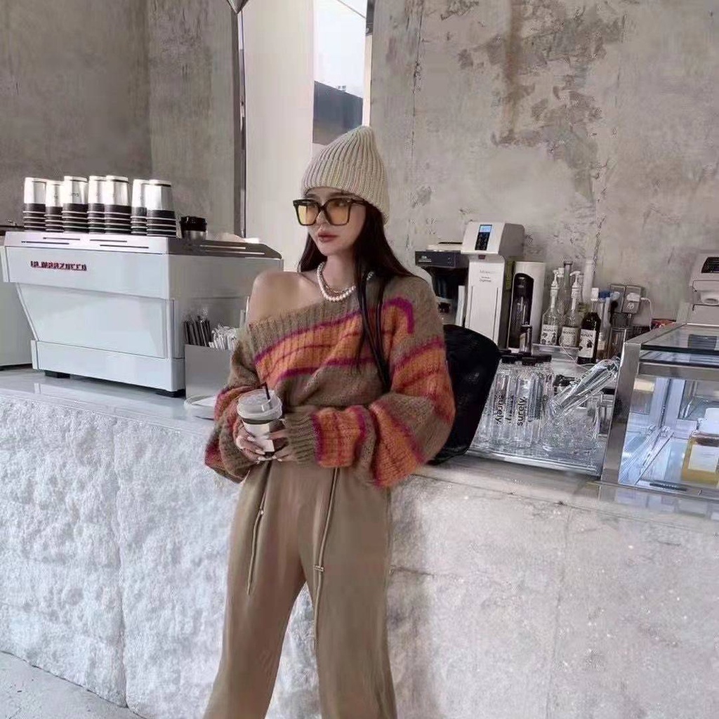 Áo Sweater Croptop Kẻ Sọc Màu Sắc Tương Phản Thời Trang Cho Nữ
