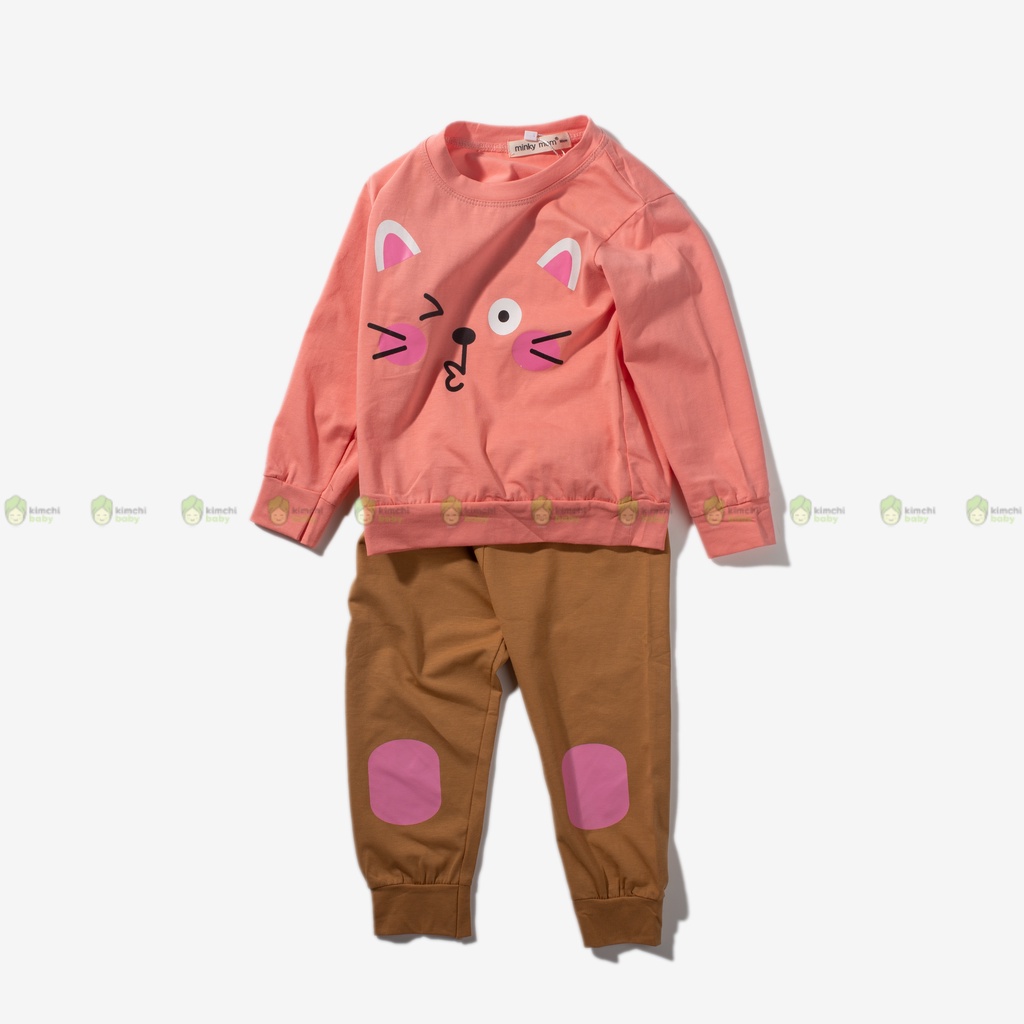 Bộ Dài Tay Cho Bé Trai, Bé Gái Vải Cotton Minky Mom Hoạ Tiết Mèo Con 3D, Đồ Bộ Mặc Nhà Cho Bé Thu Đông MKMTD2239