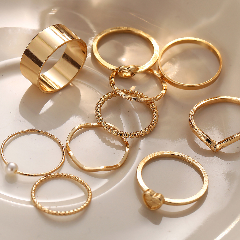 Set 10 nhẫn màu vàng thiết kế đơn giản thời trang sang trọng cho nữ