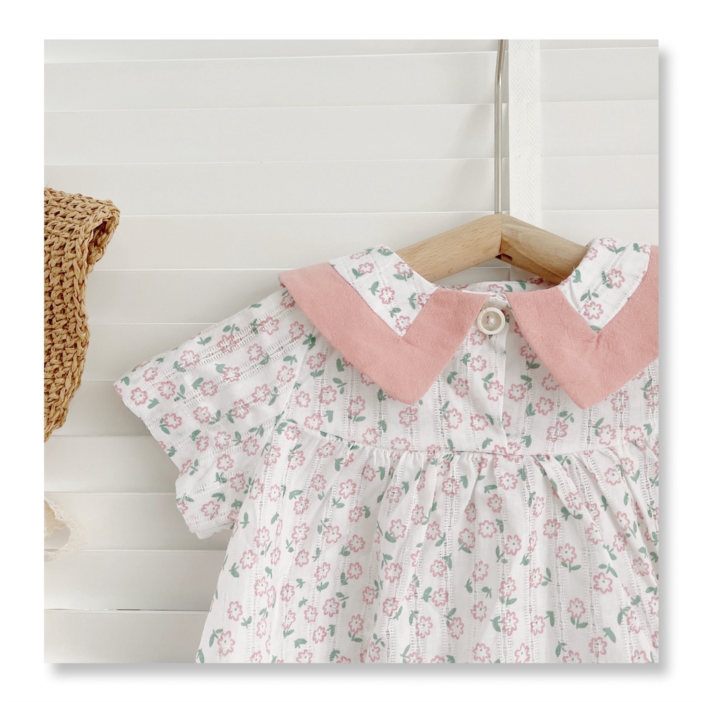 Váy hè cộc tay hoa nhí cổ phối màu cho bé 8-23Kg  - Chất thô hoa mỏng mát