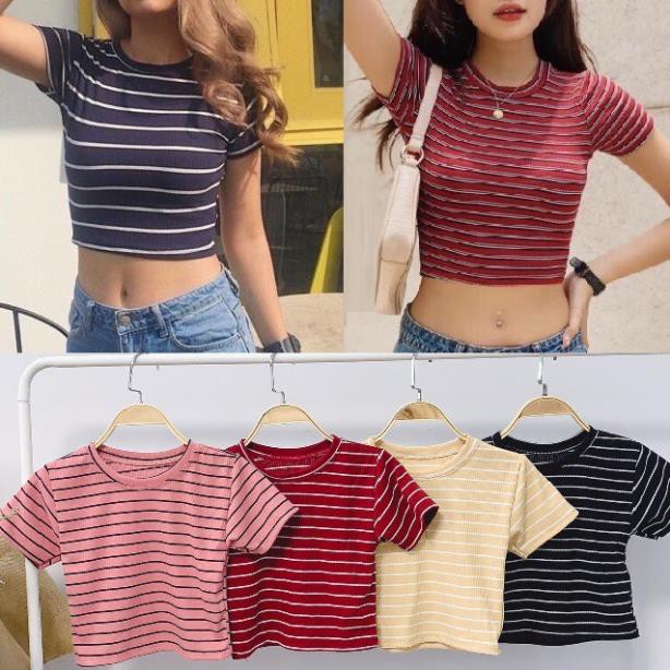 ÁO CROPTOP SỌC NGANG CỔ TRÒN THUN ÔM BODY CO GIÃN - ÁO KIỂU CRT ULZANG NGẮN TAY 172 Đẹp ⚡ *