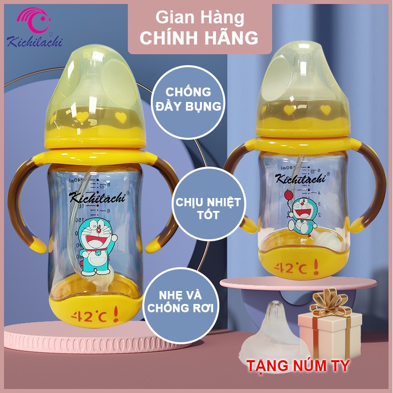 Bình Sữa Kichilachi Cổ Rộng Quai Cầm PPSU,Núm Vú Silicone Siêu Mềm, Chống Sặc Và chống Đầy Hơi Cho Bé 180ml/240ML