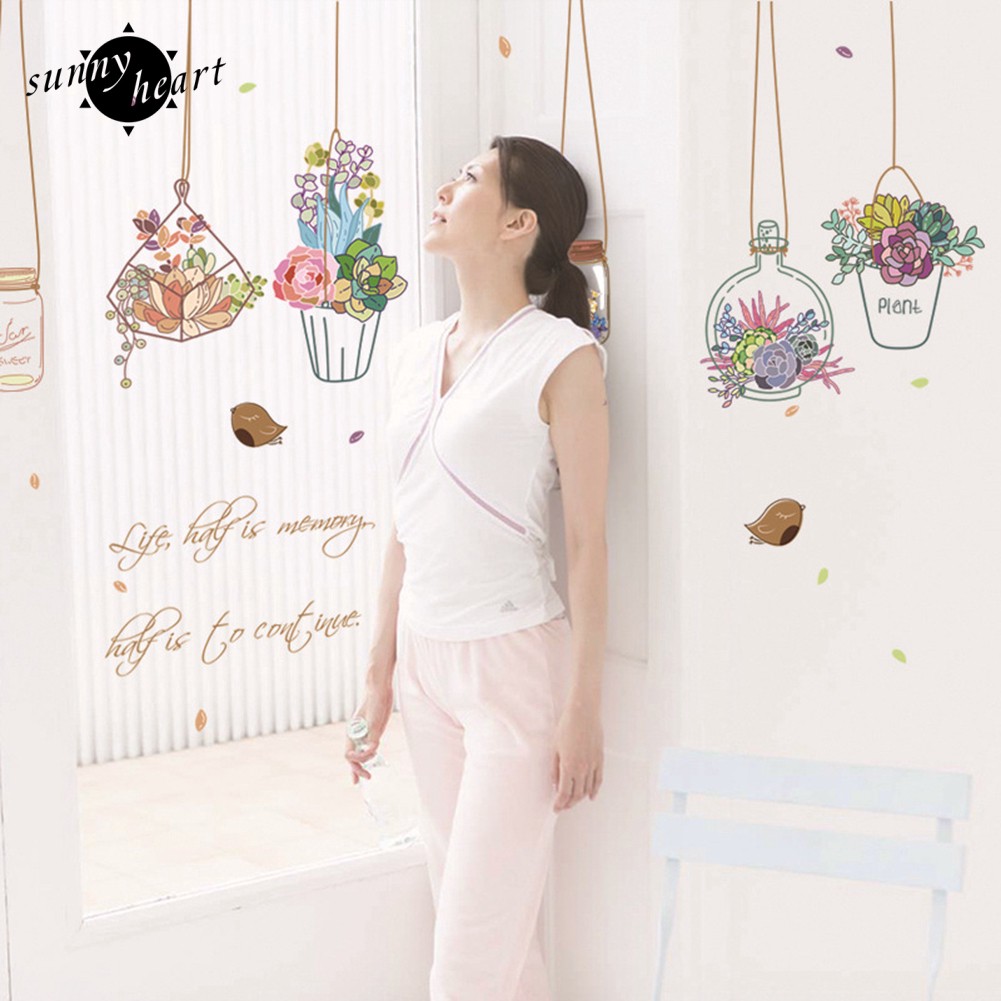 Đề can dán tường họa tiết chậu cây hoạt hình dùng để trang trí cho phòng tắm