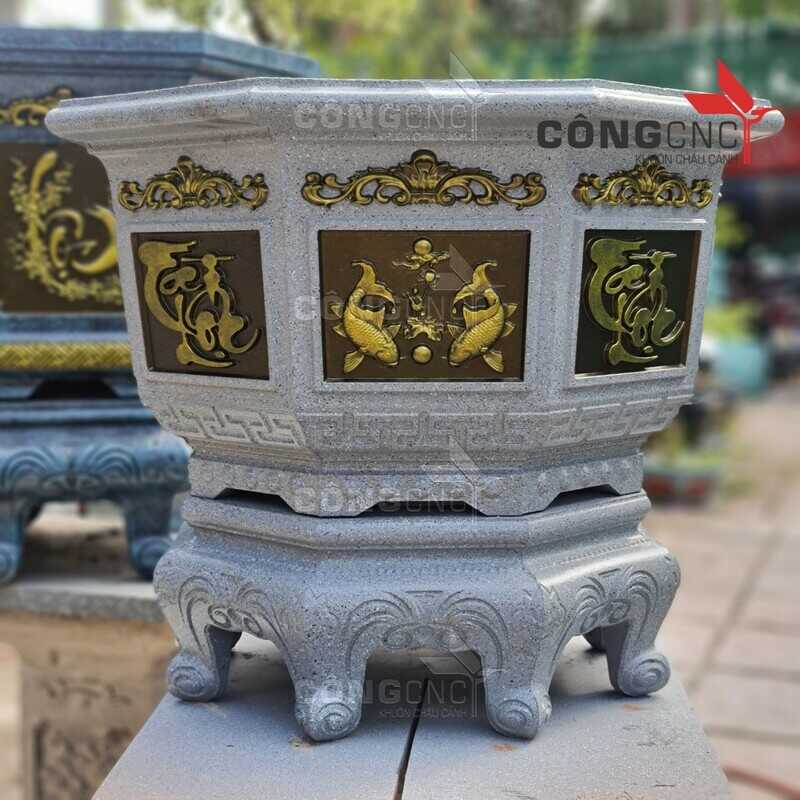 Khuôn đúc Chậu Cảnh ABS Bát Giác 59, Họa Tiết Tứ Linh, Cá Chép Tài Lộc Kèm Chân Đôn Kỷ