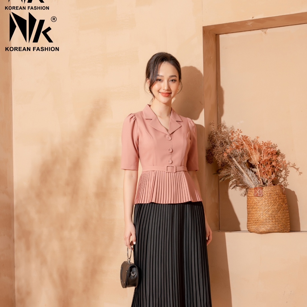 Áo Ký Giả Peplum Dập Ly NK Fashion Thiết Kế Tay Ngắn Bo Eo Điệu, Chất Liệu Nhập Hàn Mềm Mịn NKFSM2110001 - Hàng mới về