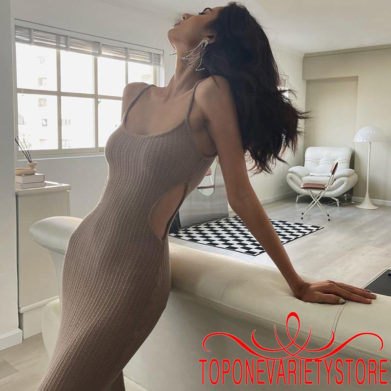 Topone Đầm Hai Dây Dệt Kim Dáng Dài Màu Trơn Thời Trang Cho Nữ