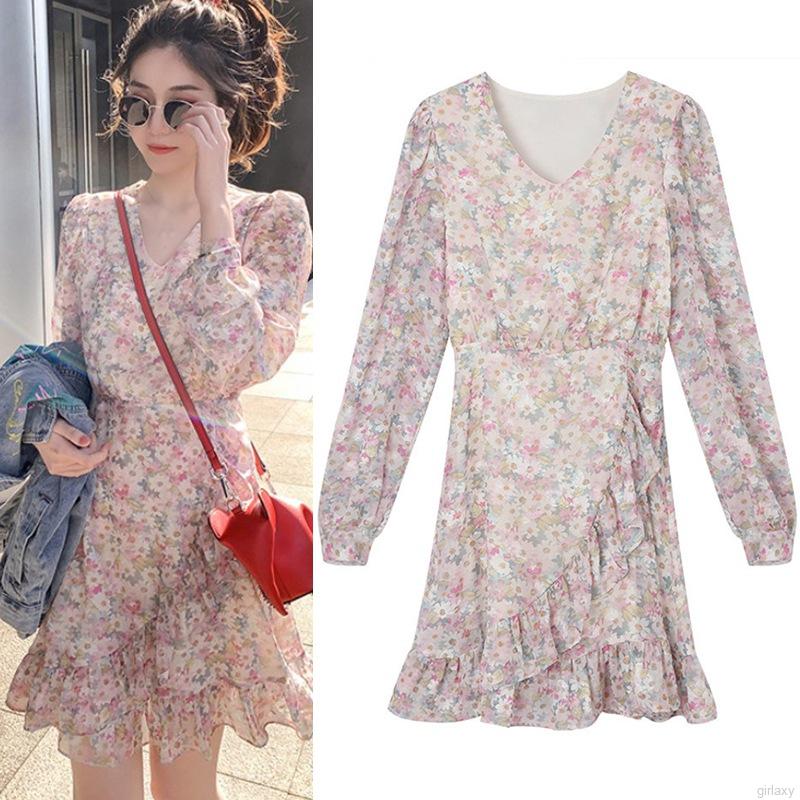 Đầm Cổ Chữ V Phối Bèo Họa Tiết Hoa Xinh Xắn Phong Cách Hàn Quốc Dành Cho Phụ Nữ