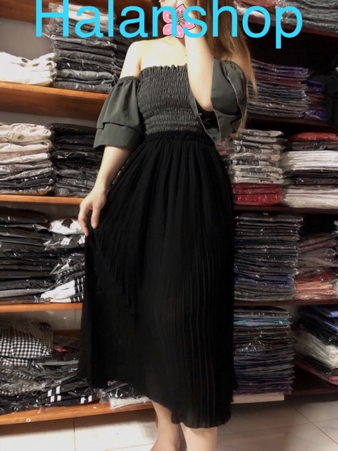 chân váy maxxi voan dập li màu đen | BigBuy360 - bigbuy360.vn