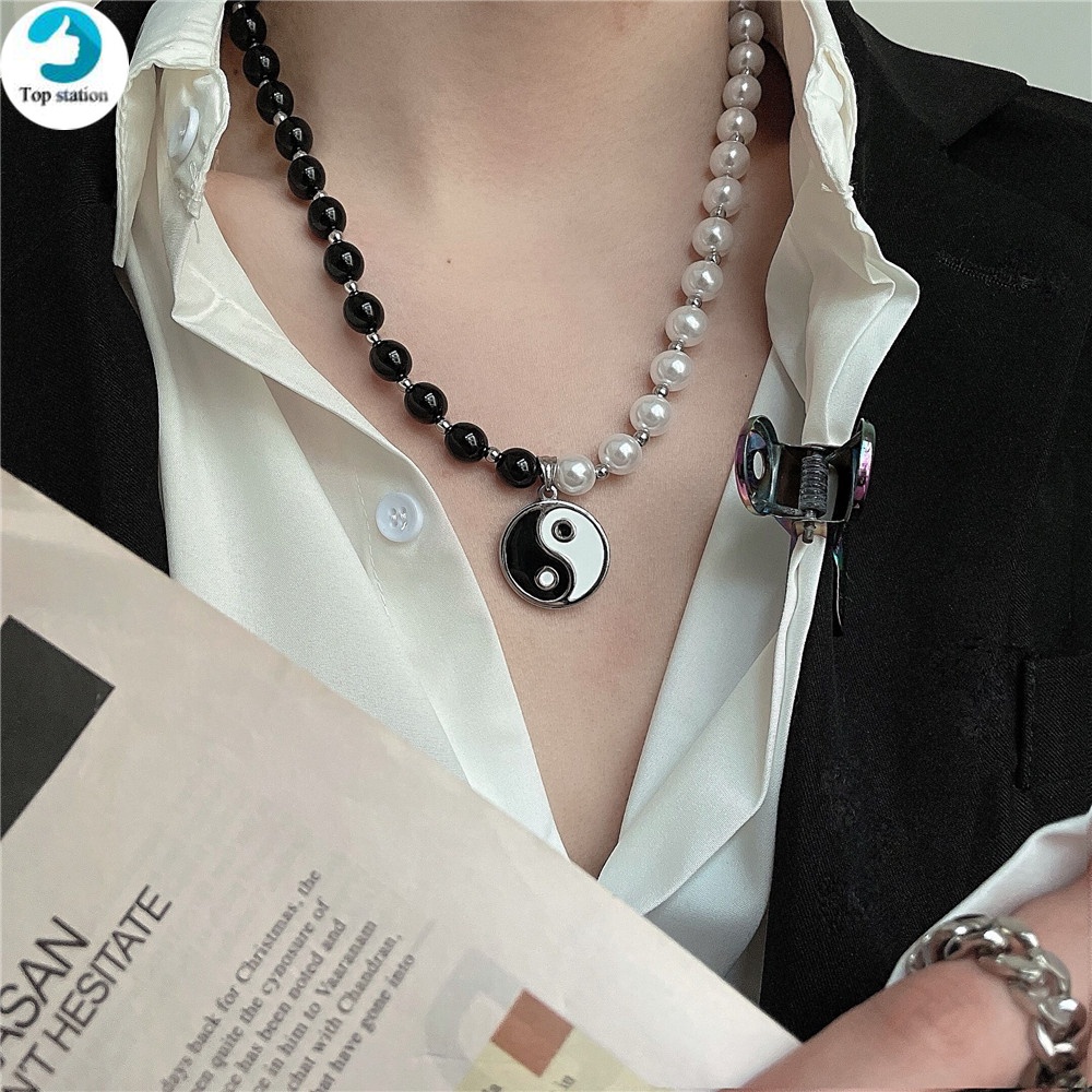 Vòng cổ mặt hình bát quái âm dương đính ngọc trai trắng đen phong cách hiphop hàn quốc