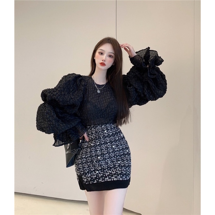 Set áo tiểu thư dự tiệc tay phồng bồng cổ tròn chân váy ngắn dạ tweed cạp cao quần vải short ngắn cạp cao âu nữ