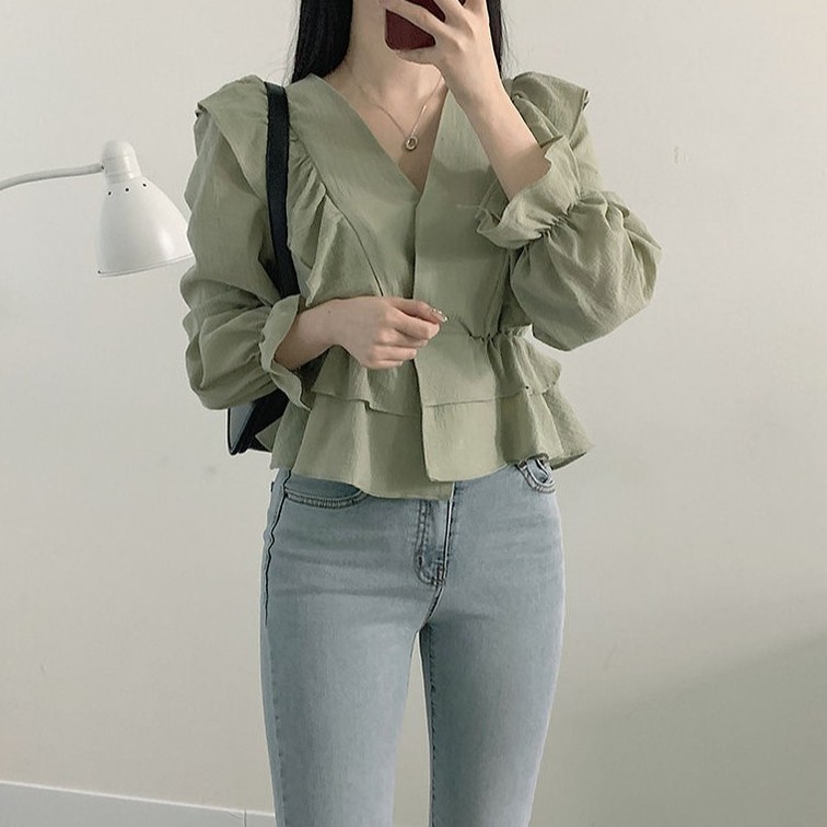 Áo Sơ Mi Nữ Tay Dài Cổ Chữ V Màu Trơn 38599