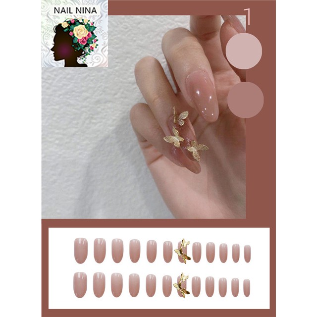 Bộ 24 móng tay giả Nail Nina trang trí nghệ thuật hoạ tiết Gold Powder mã 1【Tặng kèm dụng cụ lắp】