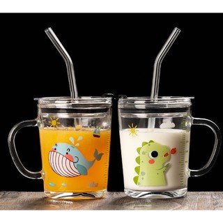 Cốc uống sữa thủy tinh chia vạch có nắp đậy và ống hút kèm theo 350ml siêu cute (Có ảnh thật)