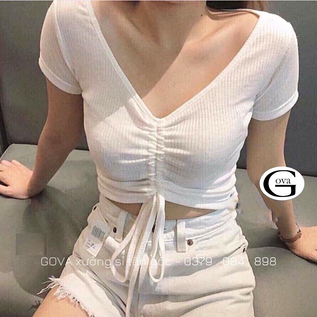Áo Croptop CỔ TIM RÚT DÂY TAY NGẮN Thun Gân Kiểu Sexy Nữ, Áo Thun Ôm Body Đẹp GOVA