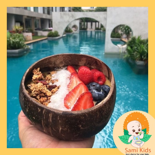 Bát gáo dừa kèm muỗng ăn granola, cháo, cơm, canh, chén thìa đựng đồ ăn dặm SAMI KIDS
