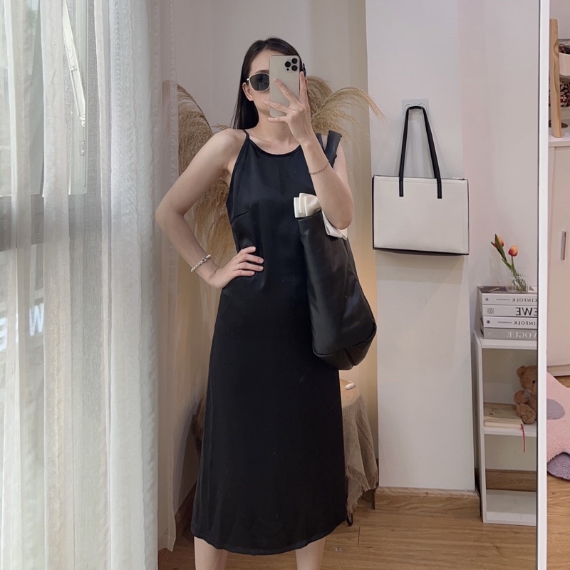 Đầm váy nữ 2 dây dáng dài form suông cổ yếm chất lụa mát hàng thiết kế Huien Design đầm maxi đi biển form Hàn Quốc