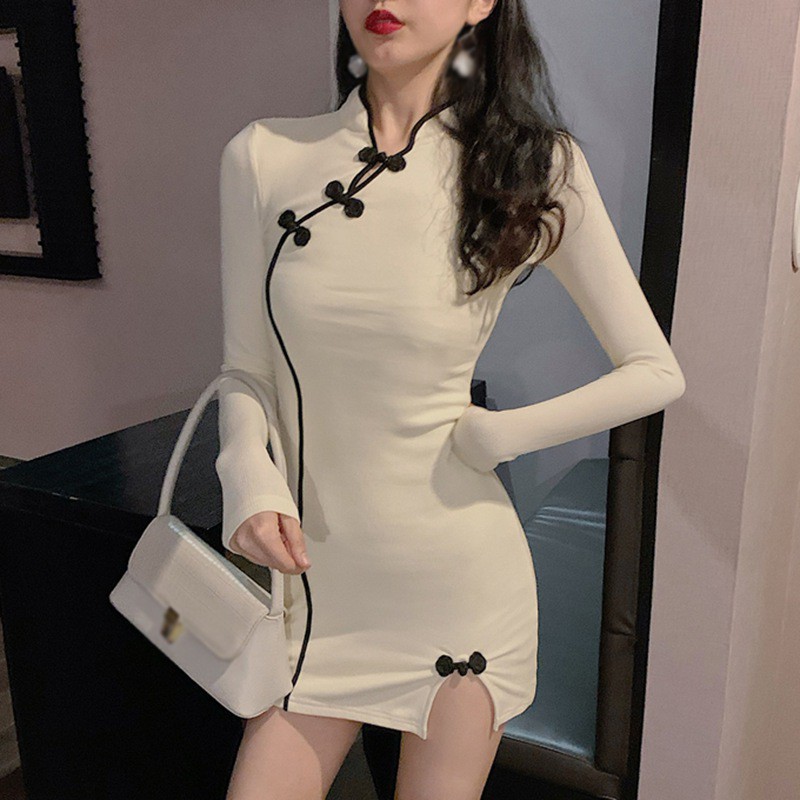 Đầm Sườn Xám Tay Dài Phối Màu Tương Phản Quyến Rũ Cho Nữ Kiểu Trung Hoa