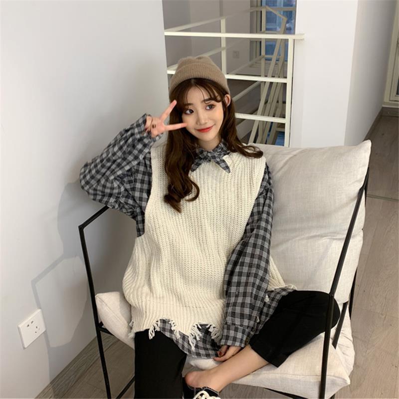 Bộ áo sơ mi tay dài kẻ sọc + áo khoác len không tay phong cách Hàn Quốc hợp thời trang cho nữ