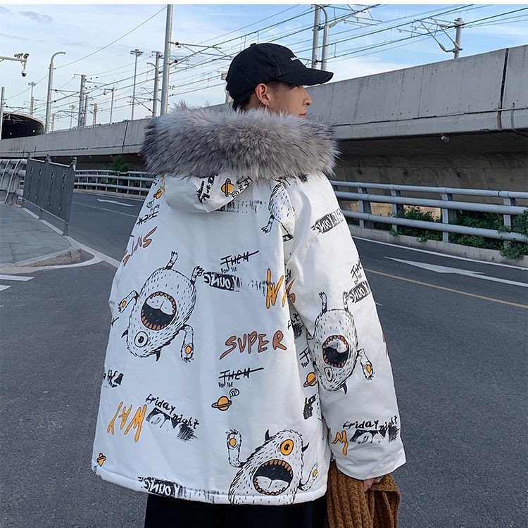 Áo khoác cotton dáng rộng phối cổ lông cỡ lớn thời trang hip hop mùa đông 2020 cho nam nữ | BigBuy360 - bigbuy360.vn
