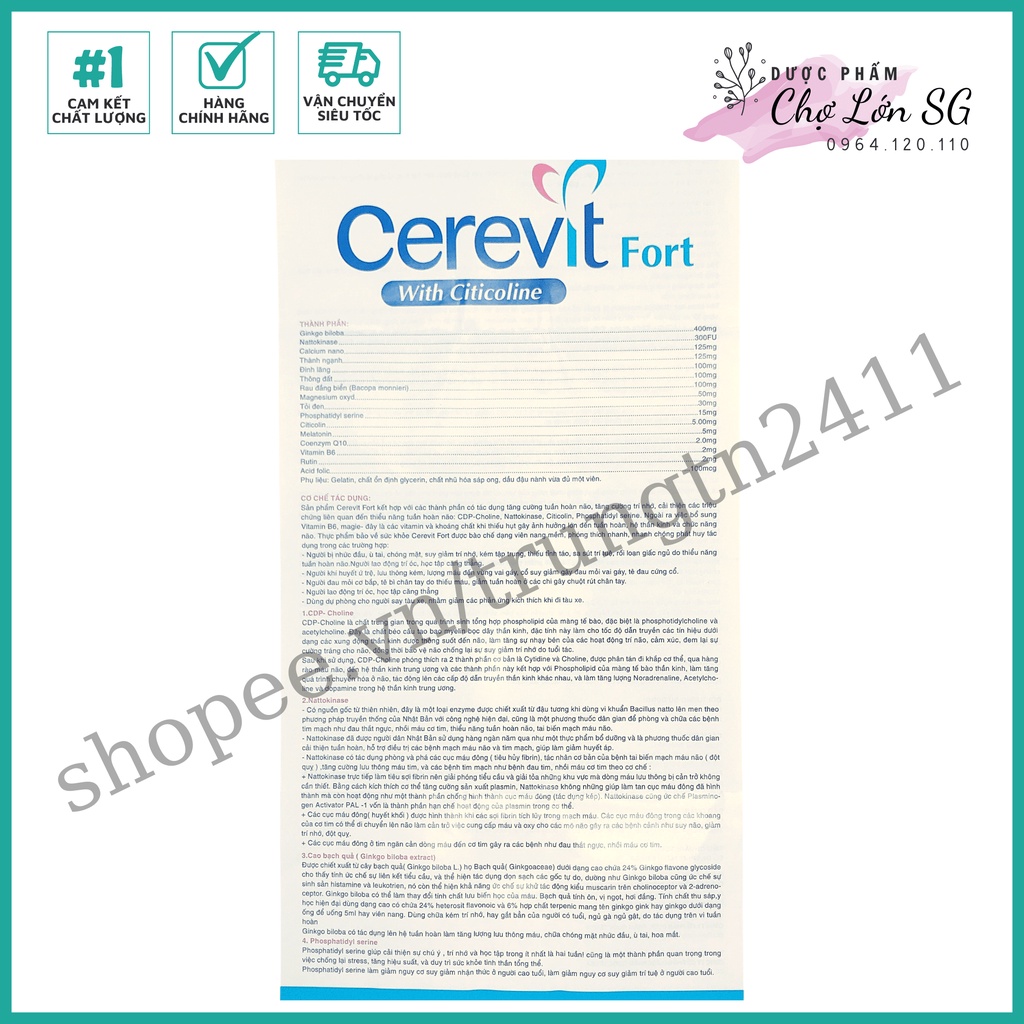 Viên uống bổ não CEREVIT FORT trắng giảm đau đầu, mất ngủ, hoa mắt chóng mặt – Hộp 30 viên