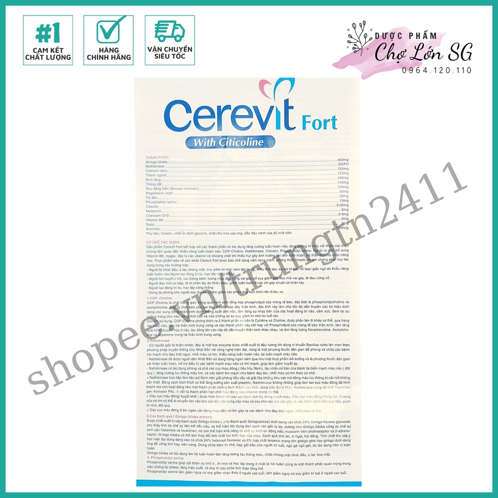 [CHÍNH HÃNG] Viên uống bổ não CEREVIT FORT trắng giảm đau đầu, mất ngủ, hoa mắt chóng mặt – Hộp 30 viên