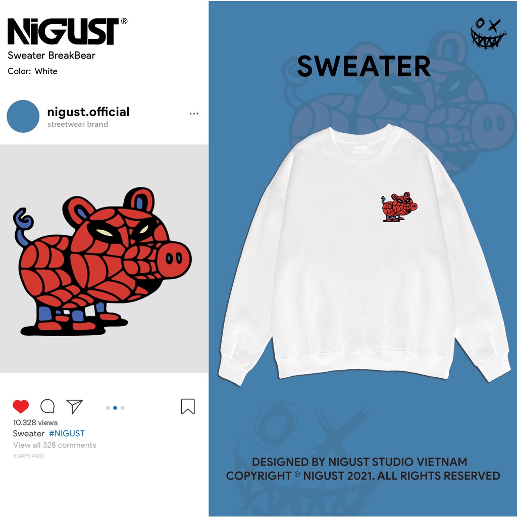 Áo sweater unisex NIGUST Spidee Mon N003-004-011 chất liệu nỉ da cá form rộng màu đen trắng Fullbox