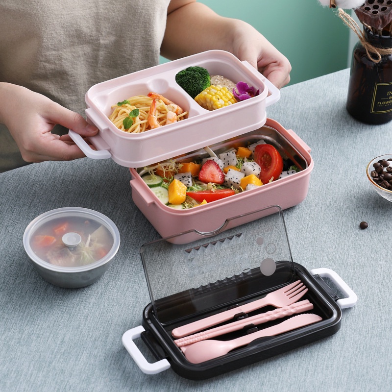 Hộp Đựng Cơm Văn Phòng Hộp Đựng Thức Ăn Giữ Nhiệt 2 Tầng - Tặng Kèm Bộ Đũa Muỗng