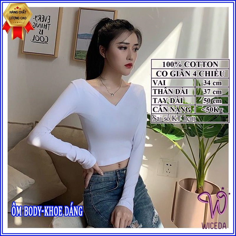 Áo croptop dài tay cổ tim ôm body xinh , áo thun kiểu tay dài đẹp chất 100% cotton hai màu đen trắng Wiceda TD281