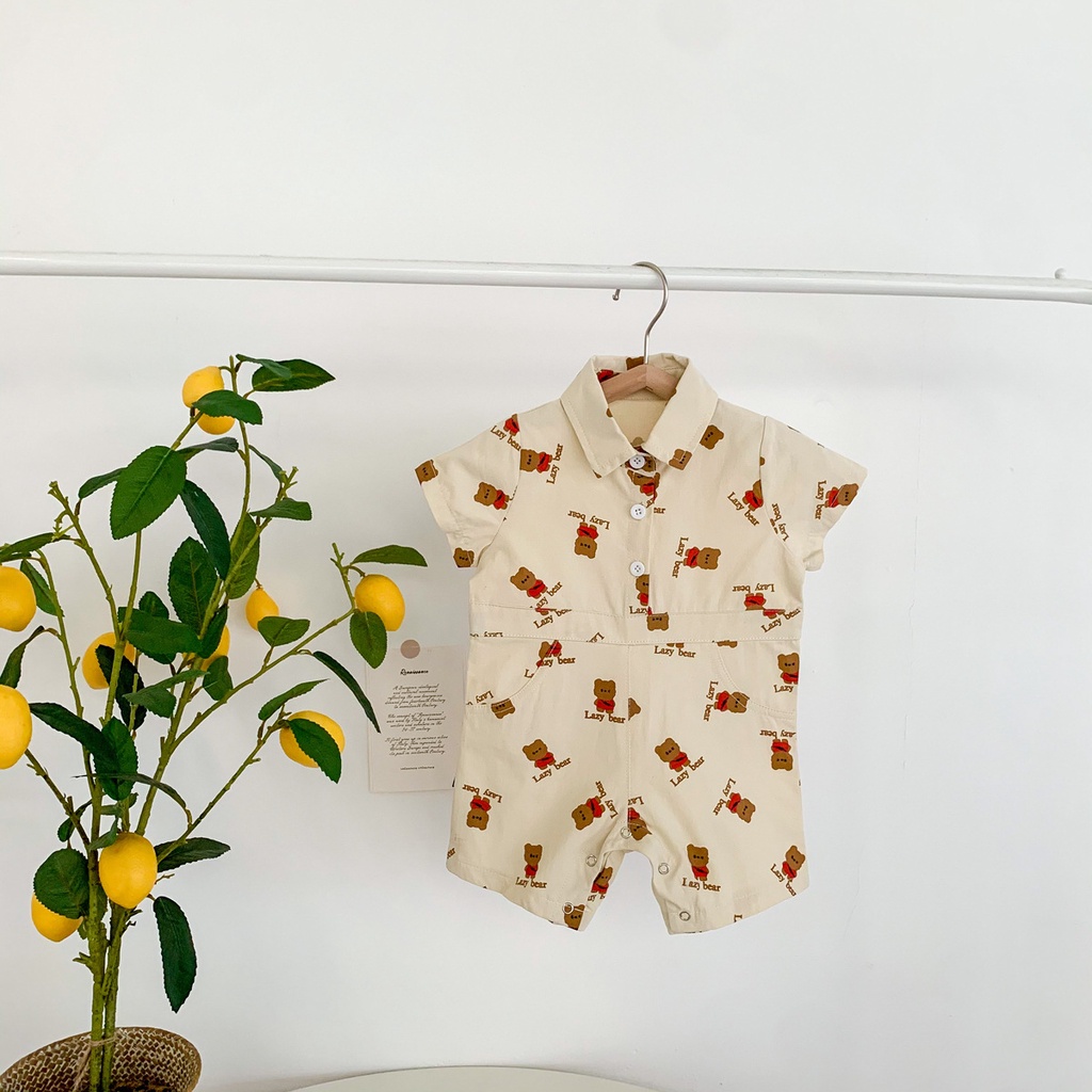 Bộ Áo Liền Quần Tay Ngắn In Hình Chú Gấu Dễ Thương Thời Trang Mùa Hè Cho Bé Trai