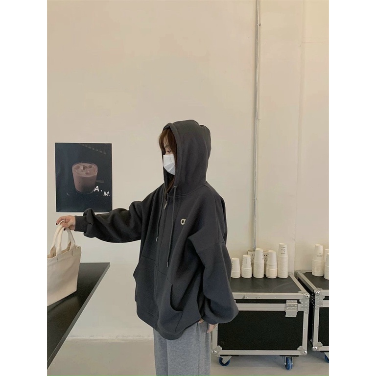 Áo Khoác Hoodie Họa Tiết Chữ C Fom Rộng Có Dây kéo Thời Trang Phong Cách HÀn Sành Điệu Trẻ Trung thoi trang shop valenti