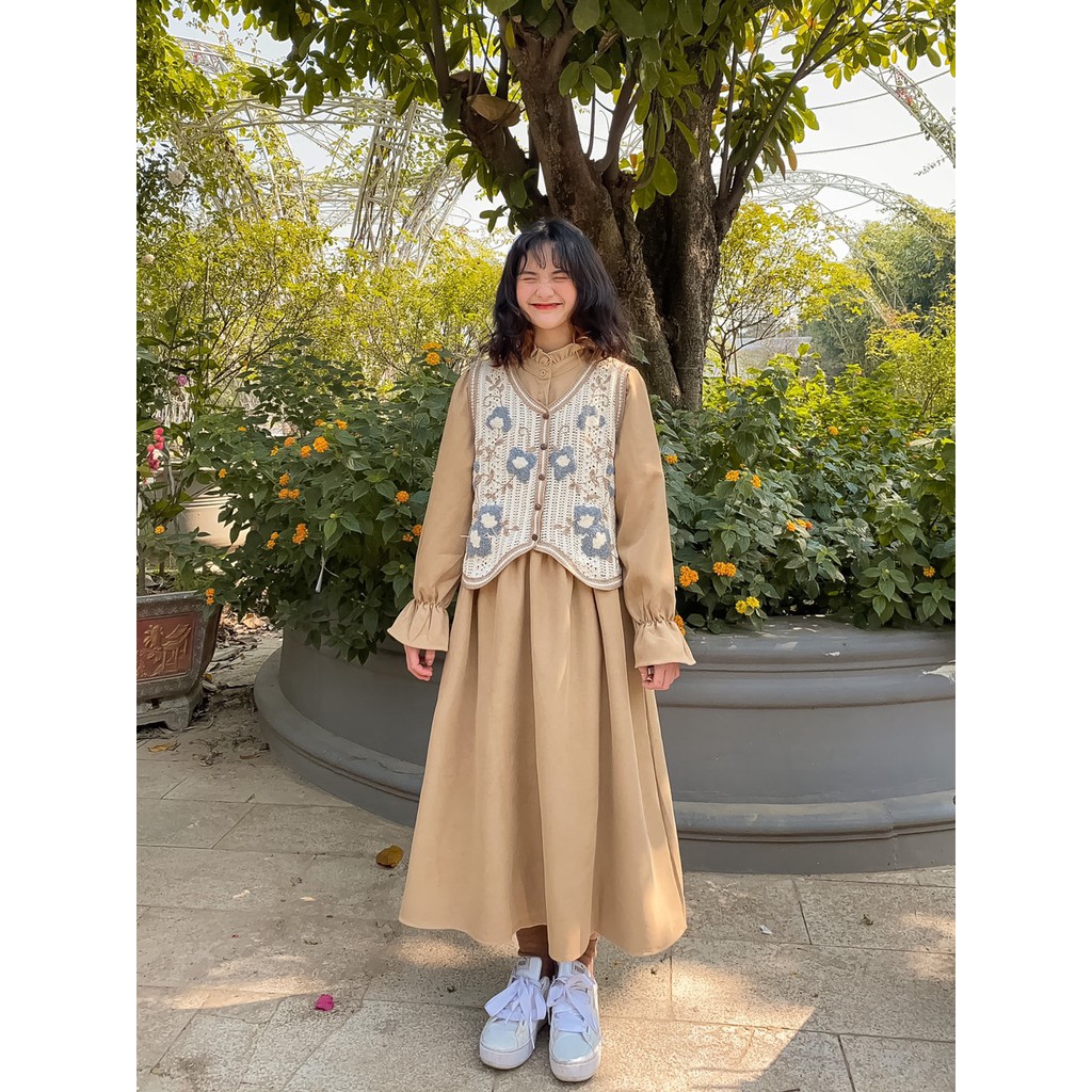 Set váy dài áo len hoa 3 màu