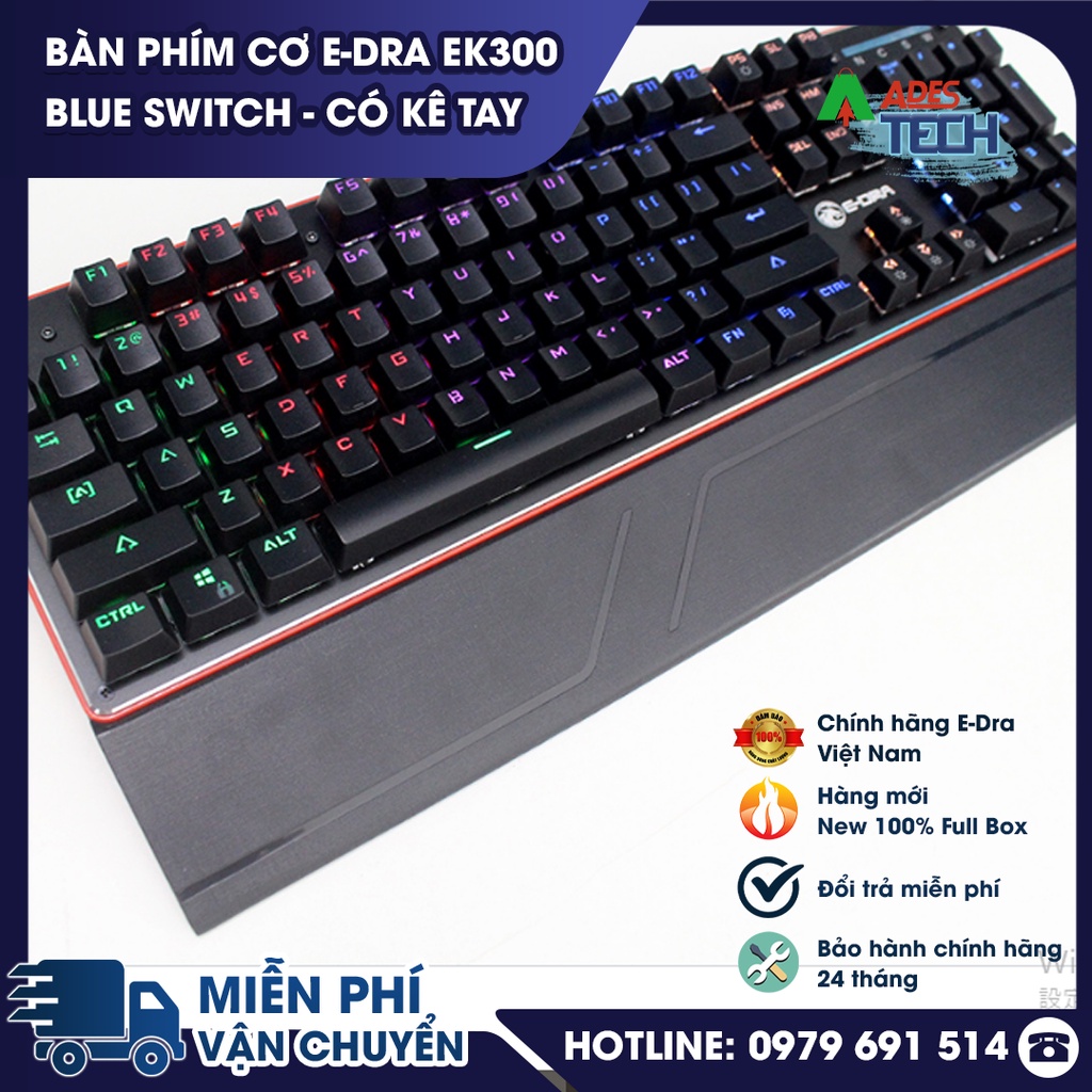 Bàn Phím Cơ EDRA EK300 - Blue Switch - CHỐNG NƯỚC - Có Kê Tay - LED RAINBOW - BH 24 tháng - CHÍNH HÃNG