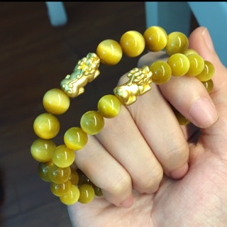 Vòng tay đá Mắt Hổ vàng loại vip mix tỳ hưu bạc si vàng 8 và 10li