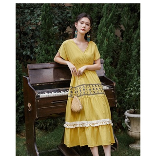 Đầm Linen Tua Rua Cổ V Phong Cách Boho - MUOJ - kèm hình tự chụp chất vải
